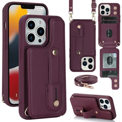 For iPhone 15 Pro Max Card Slots Kickstand Case PU Leather Coated TPU Phone Cover with Shoulder Strap - Wine Red