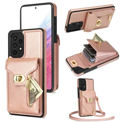 Voor Samsung Galaxy A53 5G staanderhoes Lederen + TPU telefoonhoes met ritsvak en kaartsleuven - Roze