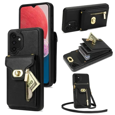 For Samsung Galaxy A13 5G / 4G Zipper Pocket Card Slots Phone Case Kickstand Leather Coated TPU Cover - Black