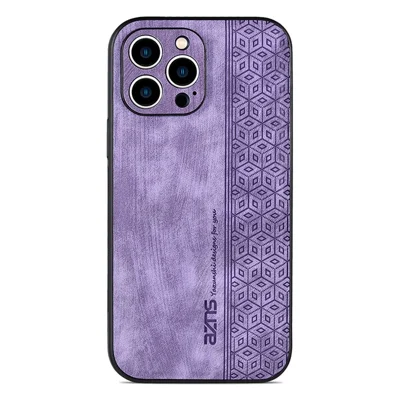 AZNS For iPhone 15 Pro Max Mobile Phone Case PU Leather Coated TPU Imprinted Pattern Protection Cover - Purple