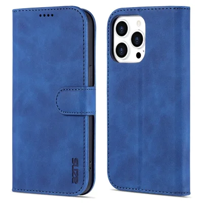 AZNS Für iPhone 15 Pro Staubdichte Handyhülle mit Ständer und Geldbörse aus PU-Leder - Blau