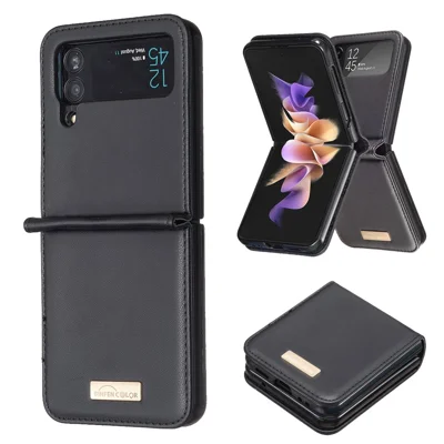 BINFEN COLOR For Samsung Galaxy Z Flip4 5G PU Leather + Hard PC Shell Slim Protective Phone Case Cover - Black