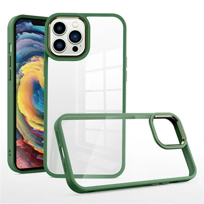 For iPhone 15 Pro Max TPU+Hard PC Metal Button Lens Frame Cover Phone Shell Clear Phone Case - Green