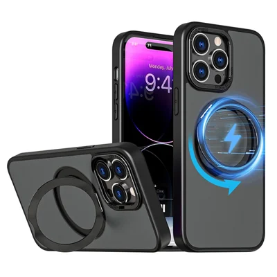 For iPhone 15 Pro Max Style-B Clear Acrylic+TPU Cover Compatible with MagSafe Metal kickstand Phone Case - Black