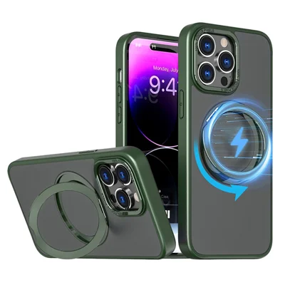 For iPhone 15 Pro Style-B Metal kickstand Phone Case Compatible with MagSafe Clear Acrylic+TPU Cover - Army Green