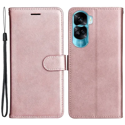 For Honor 90 Lite 5G / Honor X50i 5G Case Solid Color Leather Mobile Cover Wallet Stand with Strap - Rose Gold