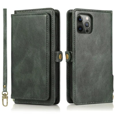 Shockproof Case for iPhone 13 Pro 6.1 inch Detachable 2-in-1 TPU+PU Leather Flip Cover Wallet Phone Case - Green