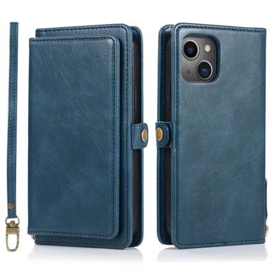 Detachable 2-in-1 TPU+PU Leather Case for iPhone 14 Protective Anti-Drop Phone Case with Strap - Blue