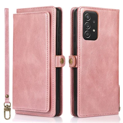 For Samsung Galaxy A52 4G / A52 5G / A52s 5G Protective Cover Detachable 2-in-1 TPU+PU Leather Wallet Phone Case with Strap - Rose Gold