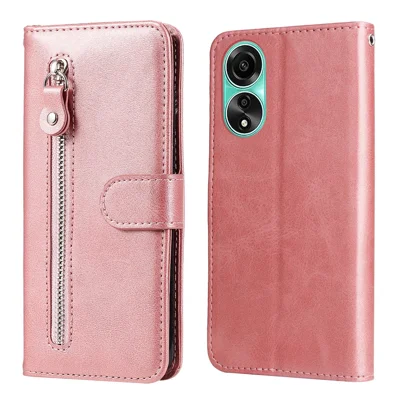 Для Oppo A78 4G Zipper Pocket Wallet Stand Phone Case Anti-drop Calf Texture Cover - Pink