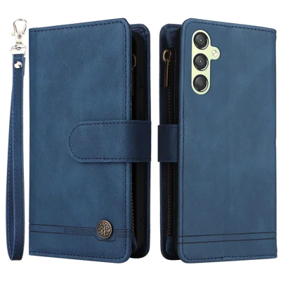 For Samsung Galaxy S23 FE Multiple Card Slots Skin-touch Phone Case Zipper Pocket Leather Wallet Stand Cover - Blue