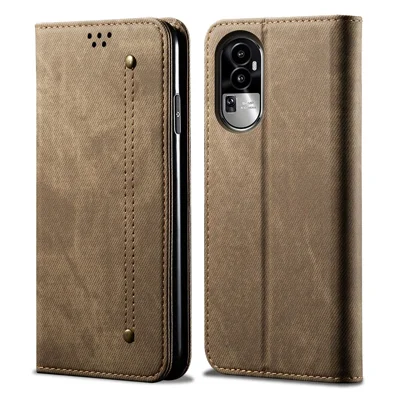 For Oppo Reno10 5G (Global) Phone Case PU Leather Wallet Stand Jeans Cloth Texture Cover - Khaki
