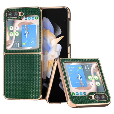 For Samsung Galaxy Z Flip5 5G Phone Case Genuine Cow Leather + PC Luxury Texture Electroplating Cover - Green