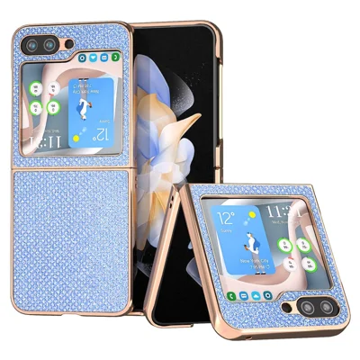 For Samsung Galaxy Z Flip5 5G PU Leather + PC Anti-Drop Case Rhinestone Texture Electroplating Frame Phone Cover - Blue