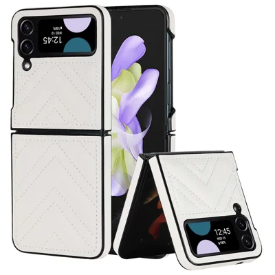 For Samsung Galaxy Z Flip4 5G V-Shape Stitching Phone Case PU Leather Coated PC Anti-Scratch Cover - White