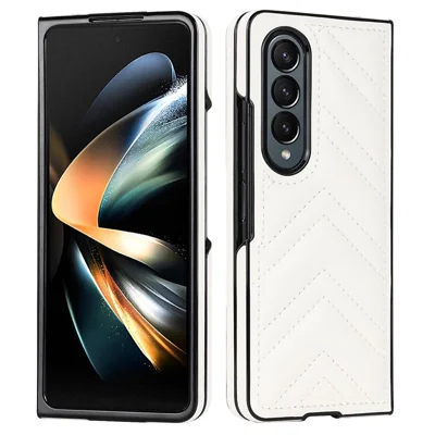 For Samsung Galaxy Z Fold4 5G PU Leather + PC Phone Case V-Shape Stitching Shockproof Folding Cover - White