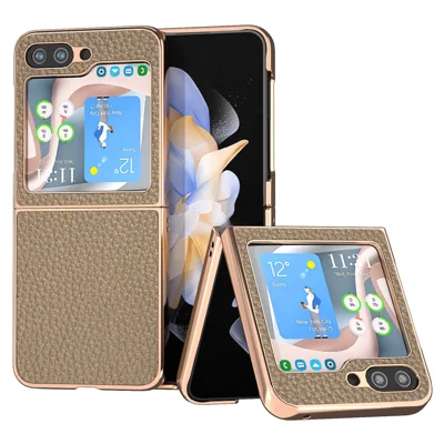For Samsung Galaxy Z Flip5 5G Litchi Texture Back Cover Genuine Cow Leather Coated PC Electroplating Phone Case - Khaki