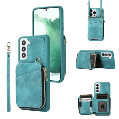Wallet Phone Case for Samsung Galaxy S22 5G , Zipper Design Cover Kickstand PU Leather+TPU Shell - Green