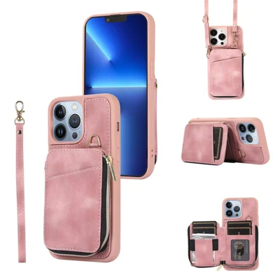 For iPhone 13 Pro Max Slim-Fit Phone Cover Zipper Wallet Phone Cover Kickstand PU Leather+TPU Shell - Pink