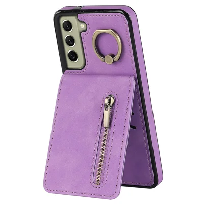 Retro PU+TPU Kickstand Case for Samsung Galaxy S22 5G RFID Blocking Phone Cover with Zippered Wallet - Purple