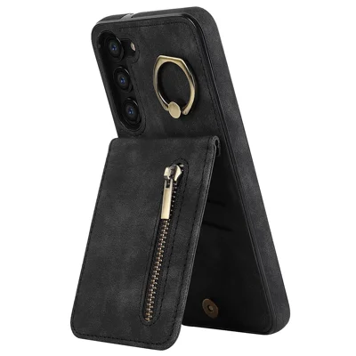 RFID Blocking Kickstand Case for Samsung Galaxy S23 Anti-Drop PU+TPU Phone Cover with Zippered Wallet - Black