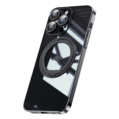 For iPhone 14 Pro Anti-Scratch Shell Compatible with MagSafe Phone Case TPU+Acrylic+Zinc Alloy Kickstand Transparent Cover - Black