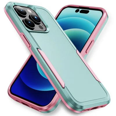 Чехол для iPhone 15 Pro PC+TPU, противоударный, защитный чехол для задней панели - Розовый+Зеленый