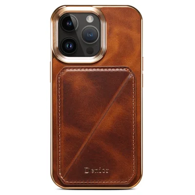 DENIOR For iPhone 13 Pro Card Holder Electroplating Case Waxy Genuine Cow Leather Coated TPU+PC Kickstand Phone Cover - Brown
