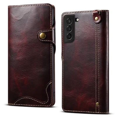 For Samsung Galaxy S23 FE Buckled Retro Oil Wax Genuine Cow Leather+TPU Wallet Case Phone Cover - Wine Red