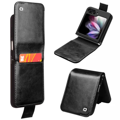 QIALINO For Samsung Galaxy Z Flip5 5G Genuine Cow Leather+PC Phone Case Card Holder Slim Fit Cover - Black