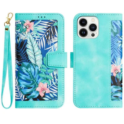 Card Slots Leather Case for iPhone 15 Pro , Flower Pattern Printing Cell Phone Stand Cover - Green
