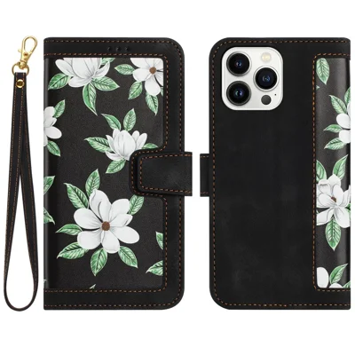 PU-Leder-Kartenetui-Hülle für iPhone 15 Pro Max, Blumenmuster-Bedruckung, Handycover mit Ständerfunktion - Schwarz