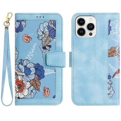 PU Leather Card Holder Case for iPhone 15 Pro Max , Flower Pattern Printing Stand Phone Cover - Baby Blue