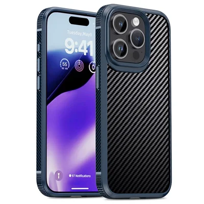 IPAKY Carbon Fiber Texture Phone Case til iPhone 15 Pro, TPU + PC Beskyttelsesdæksel - Blå