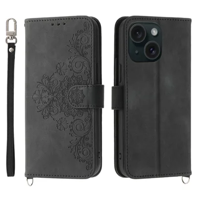 Für iPhone 15 PU-Leder-Geldbörsen-Hülle mit Blumenmotiv-Ständer-Telefonabdeckung mit Handschlaufe + Schultergurt - Schwarz