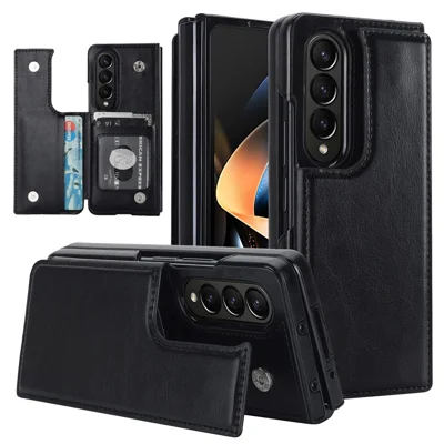 ZD018 Card Holder Phone Case for Samsung Galaxy Z Fold4 5G , PU Leather+PC Kickstand Double Magnetic Clasp Cover - Black