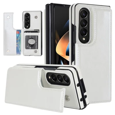 ZD018 Card Holder Phone Case for Samsung Galaxy Z Fold4 5G , PU Leather+PC Kickstand Double Magnetic Clasp Cover - White