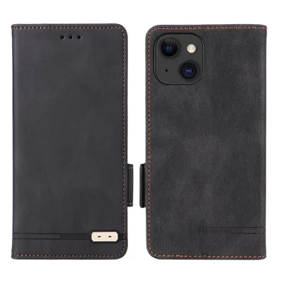 For iPhone 15 Mobile Phone Case Hardware Decor PU Leather Wallet Stand Phone Cover - Black