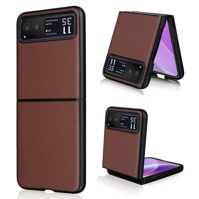 For Motorola Razr 40 5G PU Leather Coated PC Anti-Scratch Phone Case Carbon Fiber Texture Back Cover - Brown