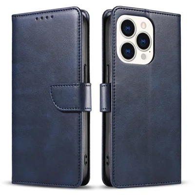 For iPhone 15 Pro Max Calf Texture Stand Shell Cell Phone Case Wallet PU Leather+TPU Phone Cover - Blue