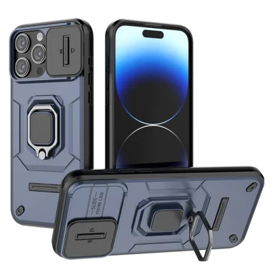 Für iPhone 15 Pro Max Slide Camera Protection Phone Case PC+TPU Kickstand Schutzhülle - Blau