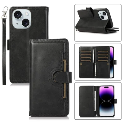 For iPhone 15 Split Leather Wallet Phone Case Stand Multiple Card Slots Wrist Strap Magnetic Closure Cover - Black