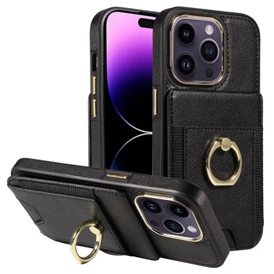 For iPhone 15 PU Leather+TPU Phone Case Card Slots RFID Blocking Kickstand Cover - Black