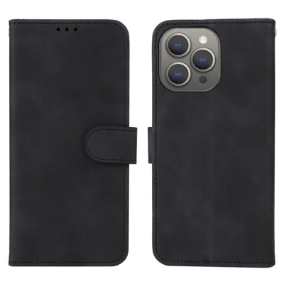 For iPhone 15 Pro Max Skin-touch Phone Leather Case Stand Wallet Protective Phone Cover - Black