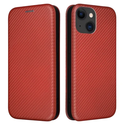 Card Holder Phone Stand Case for iPhone 15 Plus , Carbon Fiber Texture PU Leather Cover - Brown