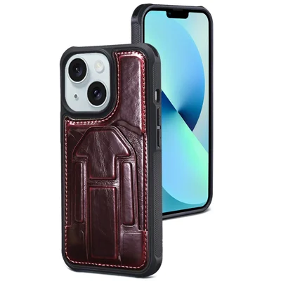 For iPhone 15 Kickstand Phone Cover Crazy Horse Texture PU Leather Coated TPU Case with Card Slot - Wine Red