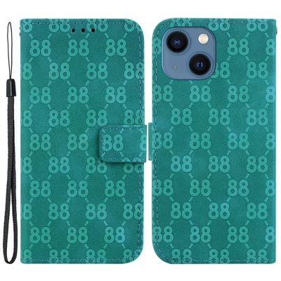 For iPhone 15 Double 8-Shape Imprinted Phone Case PU Leather Stand Wallet Cover with Hand Strap - Green
