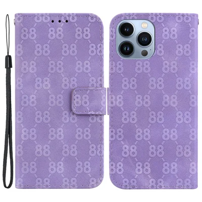 For iPhone 14 Pro Max Double 8-Shape Imprint Anti-fall Cover PU Leather Stand Wallet Phone Case - Purple