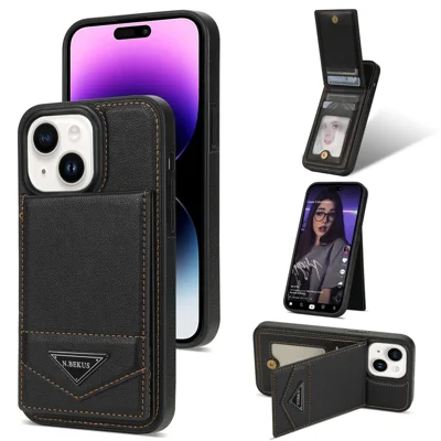 N.BEKUS Per iPhone 15 Custodia in Pelle PU + TPU con Supporto Verticale Porta Carte RFID Blocking - Nero