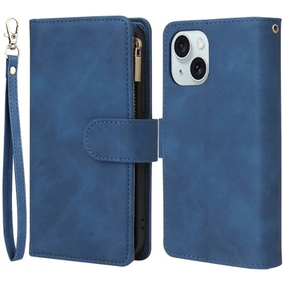 PU Leather Cover for iPhone 15 Plus , Multiple Card Slots Zipper Pocket Phone Wallet Stand Folio Flip Case - Blue
